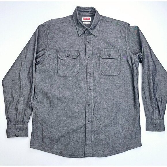 Wrangler Flex For Comfort Size Medium Mens Charcoal Gray Logo Tag Denim Shirt - Picture 1 of 10
